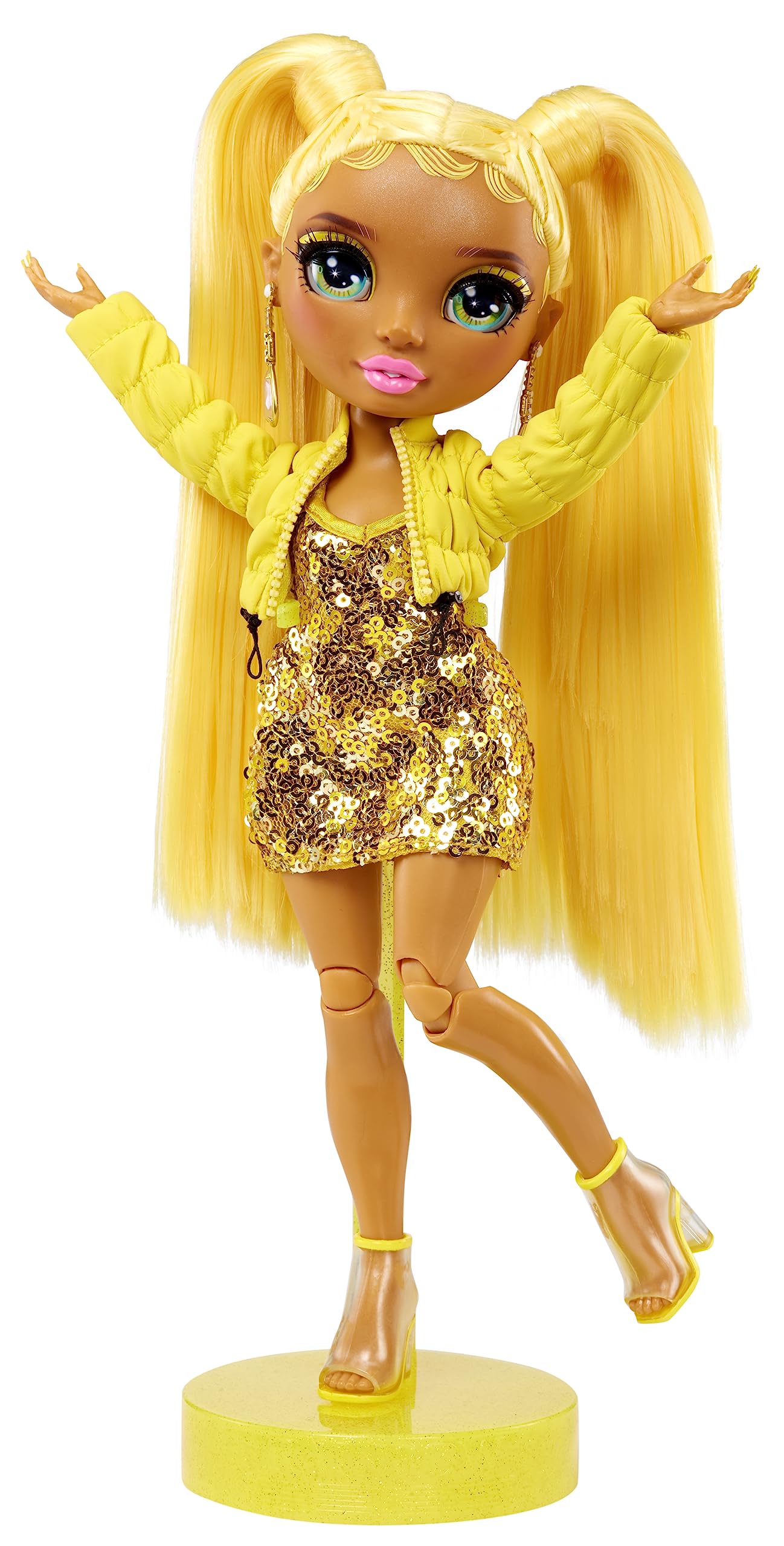 Rainbow High Sunny Madison with cropped yellow puffer jacket for stylish contrast