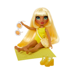 Rainbow High Sunny yellow sandals finish a bright poolside look