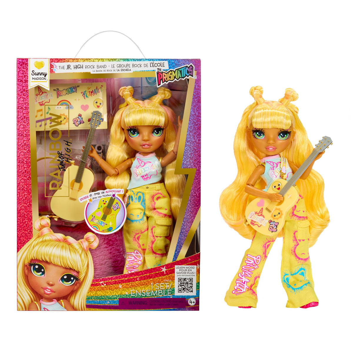 Rainbow High Sunny with yellow guitar, ready for bold rock performances.