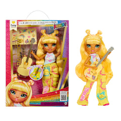 Rainbow High Sunny with yellow guitar, ready for bold rock performances.