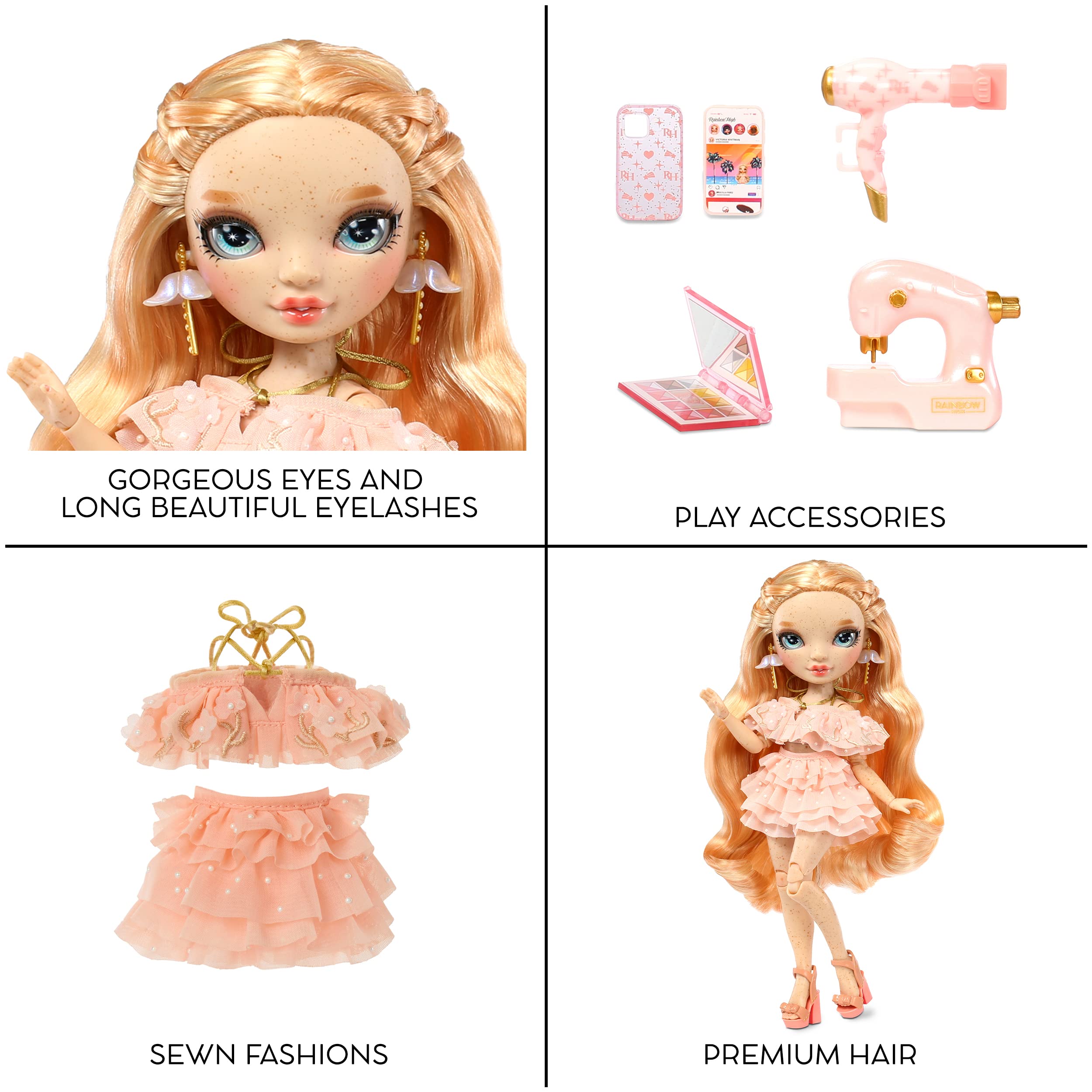 Rainbow High Victoria curled light pink hair and glass eyes for lifelike charm.