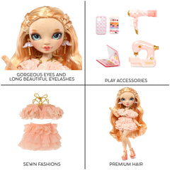 Rainbow High Victoria curled light pink hair and glass eyes for lifelike charm.