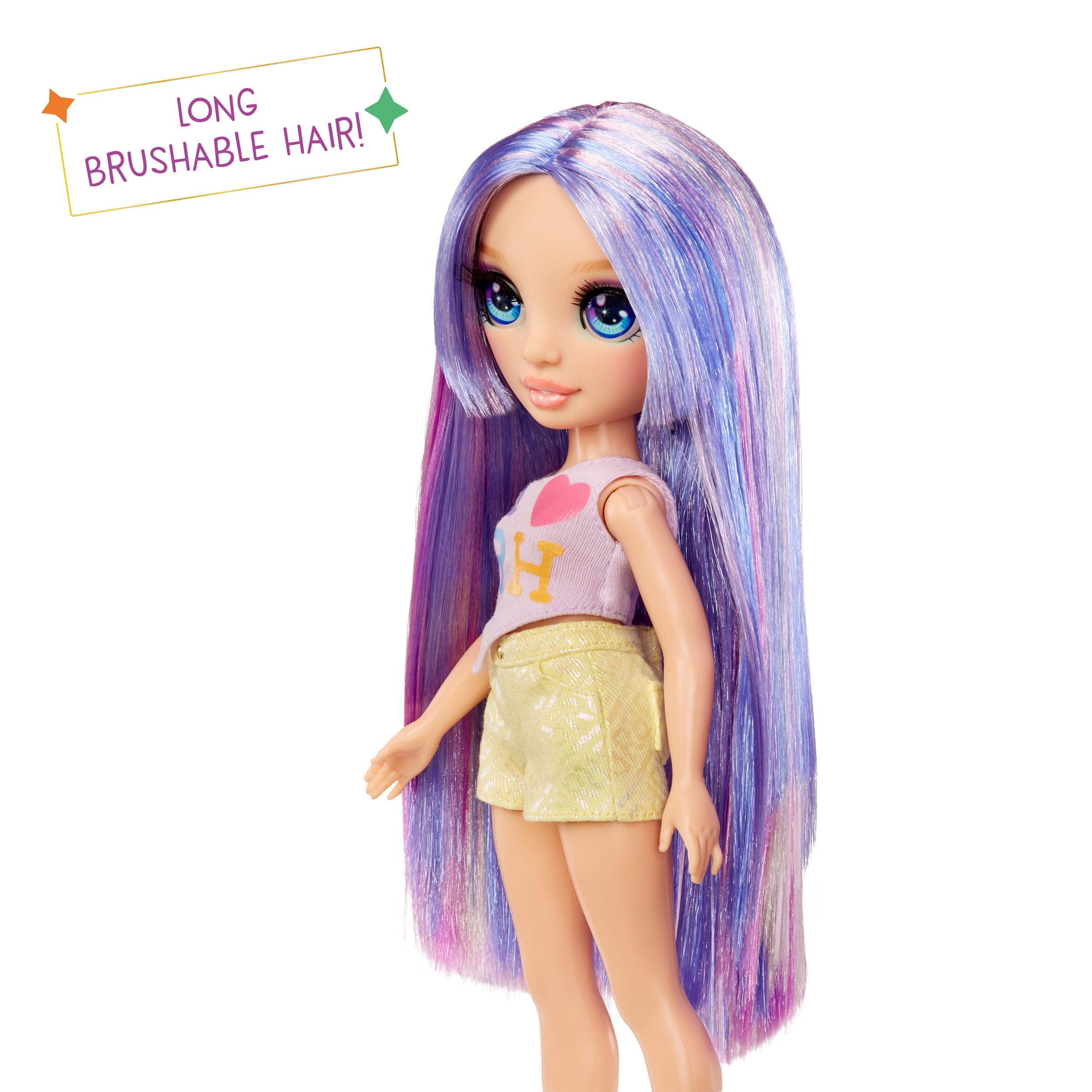 Rainbow High Violet doll eyes sparkle with expressive detail for lifelike storytelling moments.