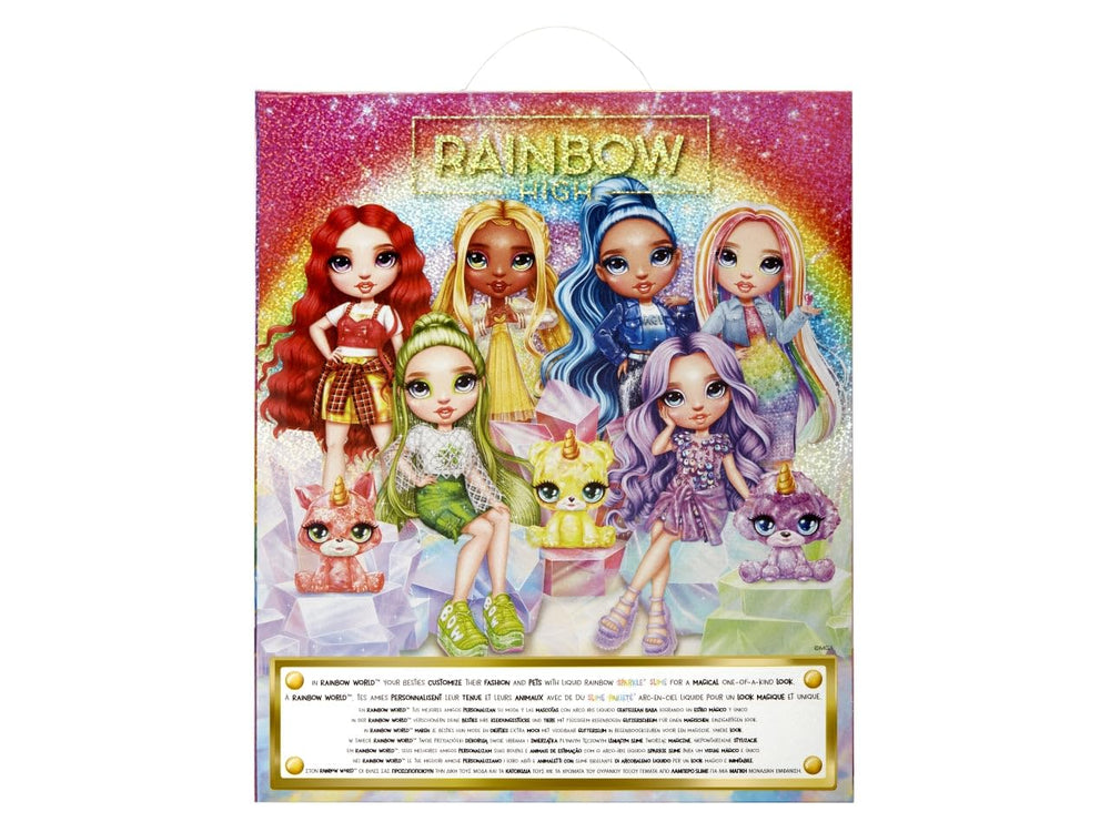 Rainbow High Violet doll face and sparkles enhance display.