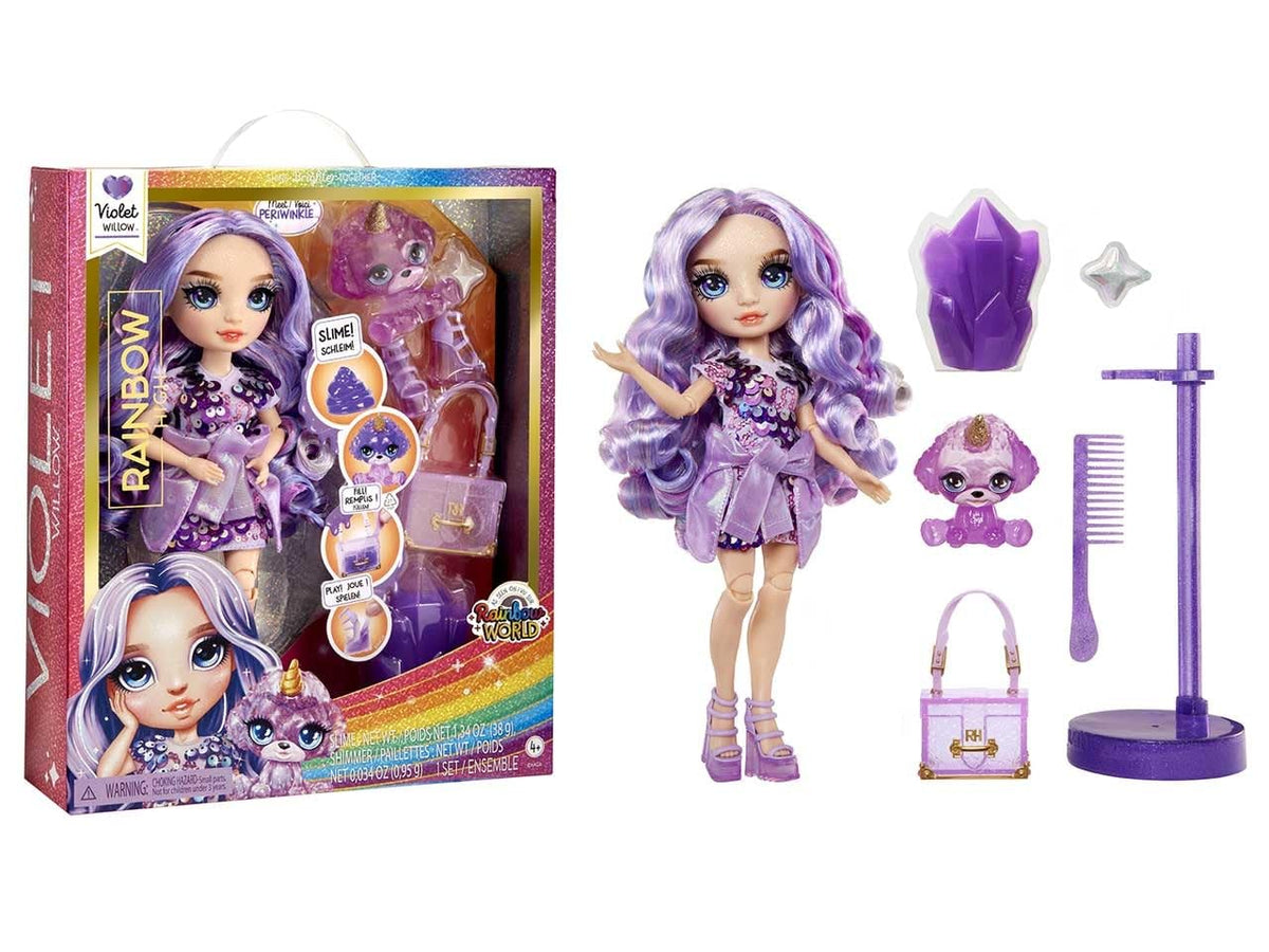 Rainbow High Violet doll with stand enables versatile posing.