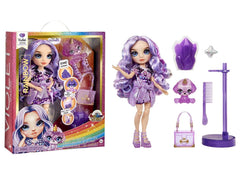 Rainbow High Violet doll with stand enables versatile posing.