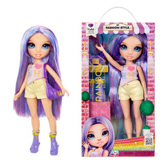 Rainbow High Violet fashion doll outfit highlights stylish ensemble for imaginative styling play.