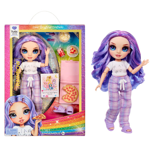 Rainbow High Violet nine-inch doll in purple pajamas for storytelling play.