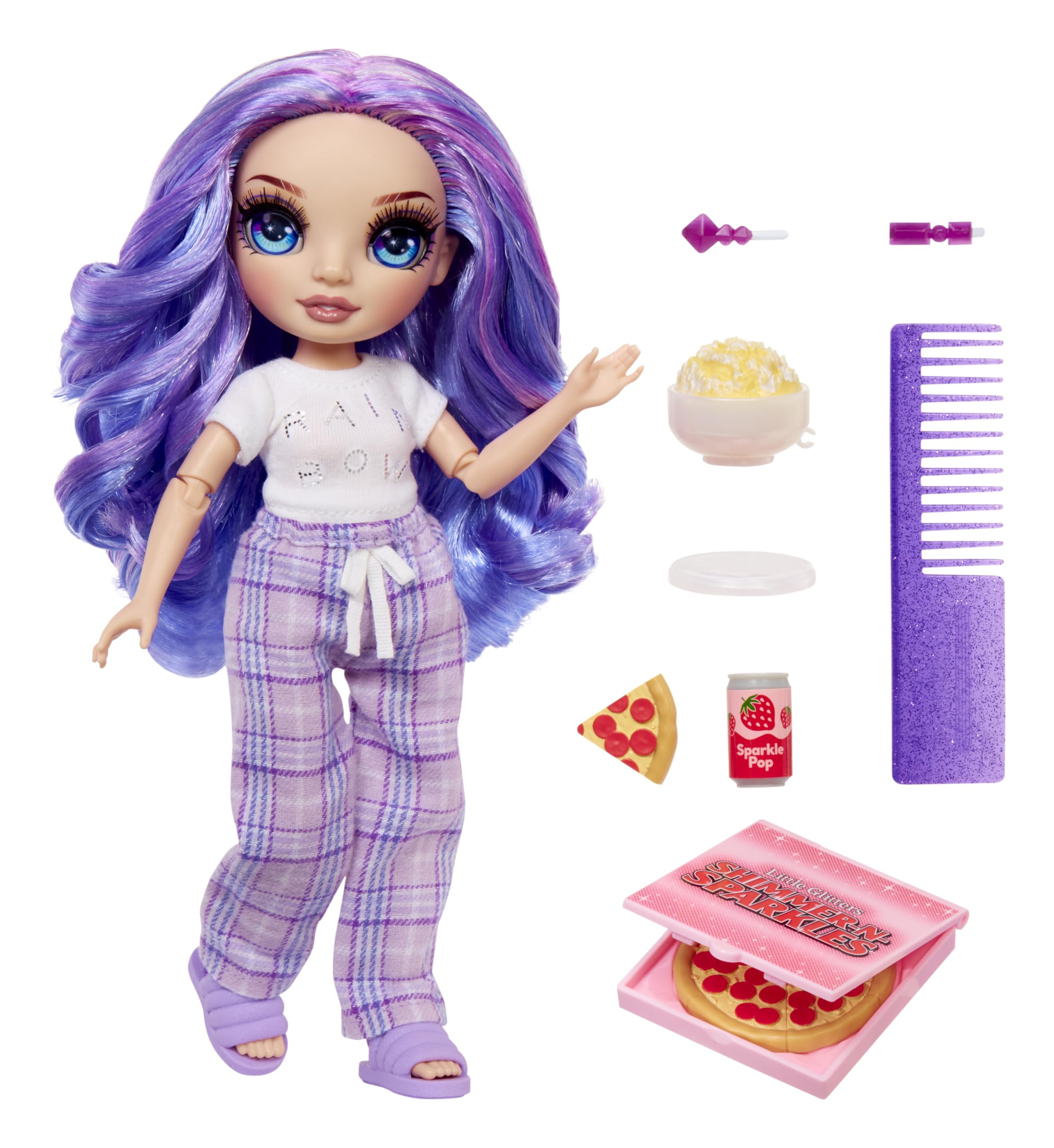 Rainbow High Violet pajama outfit and slippers for cozy pretend play.