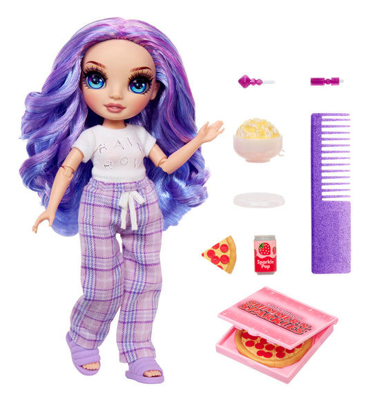 Rainbow High Violet pajama outfit and slippers for cozy pretend play.