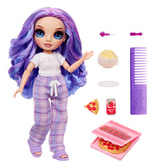 Rainbow High Violet pajama outfit and slippers for cozy pretend play.