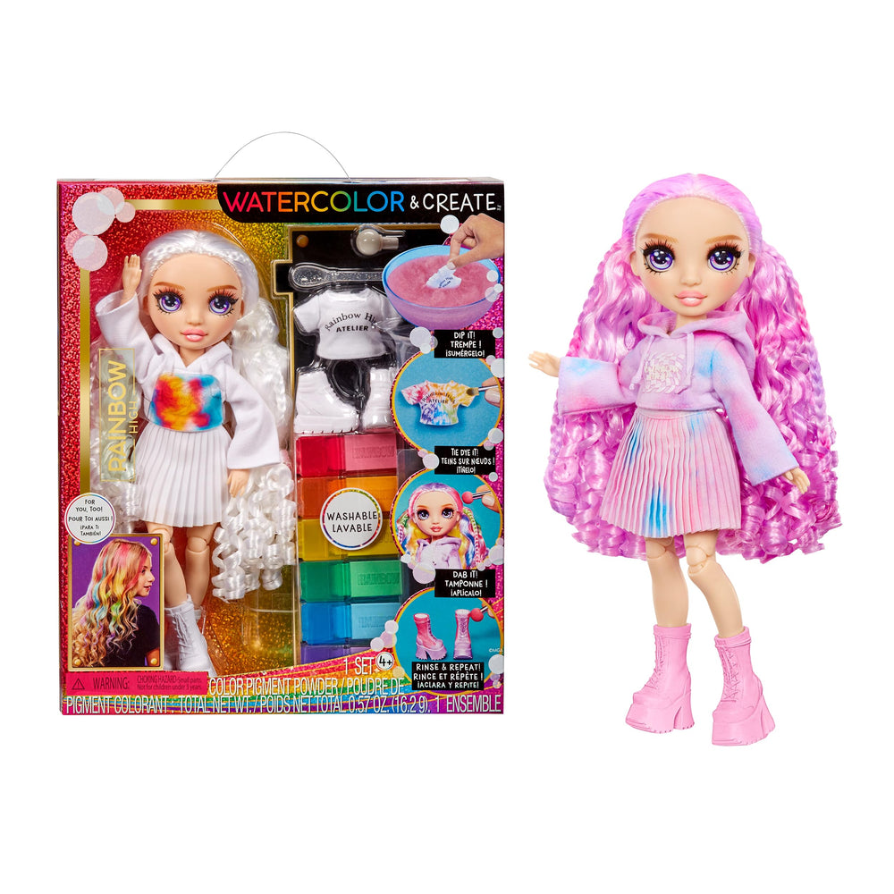 Rainbow High Watercolor & Create doll with watercolor kit for quick, colorful dress design.