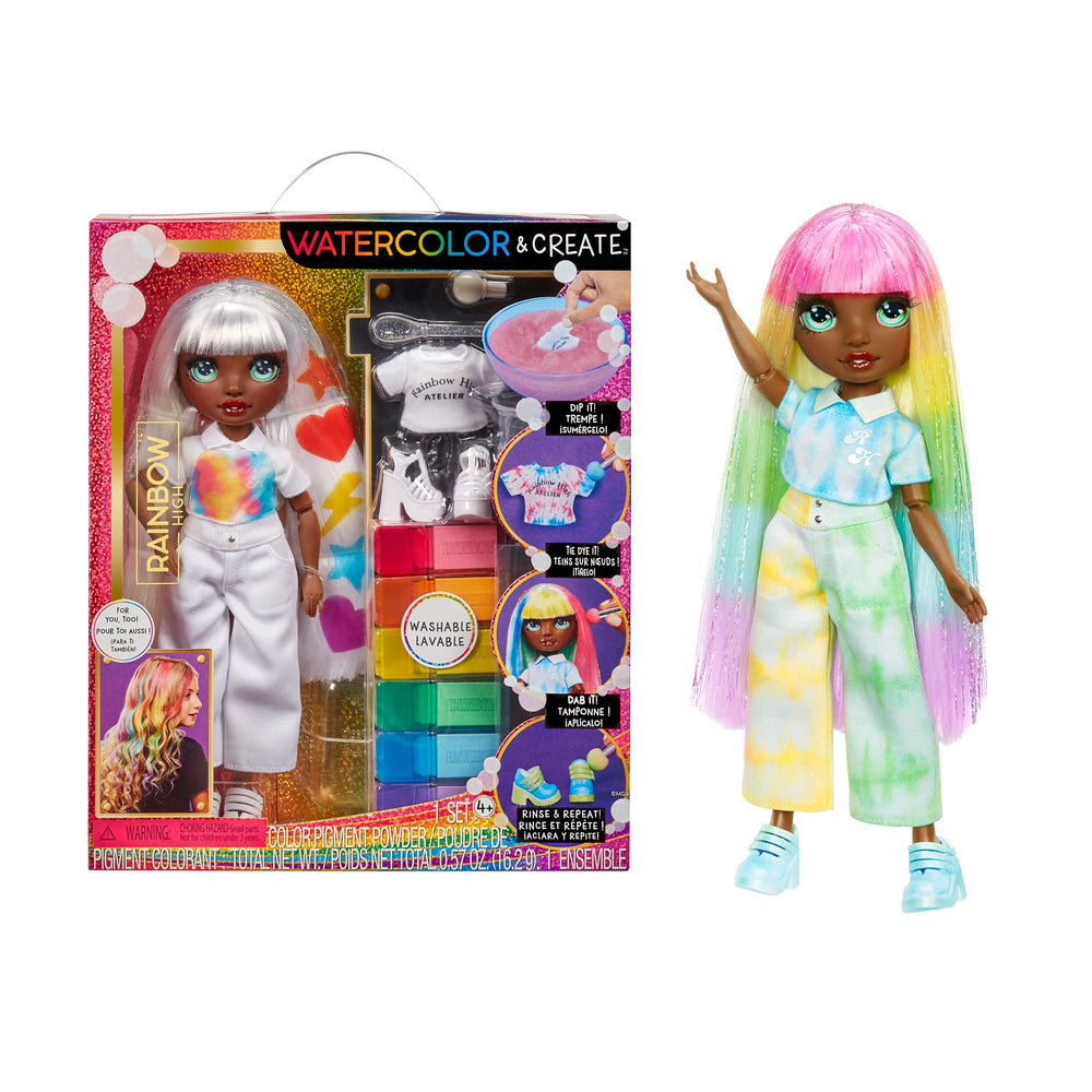 Rainbow High watercolor doll packaging with white outfit for customization