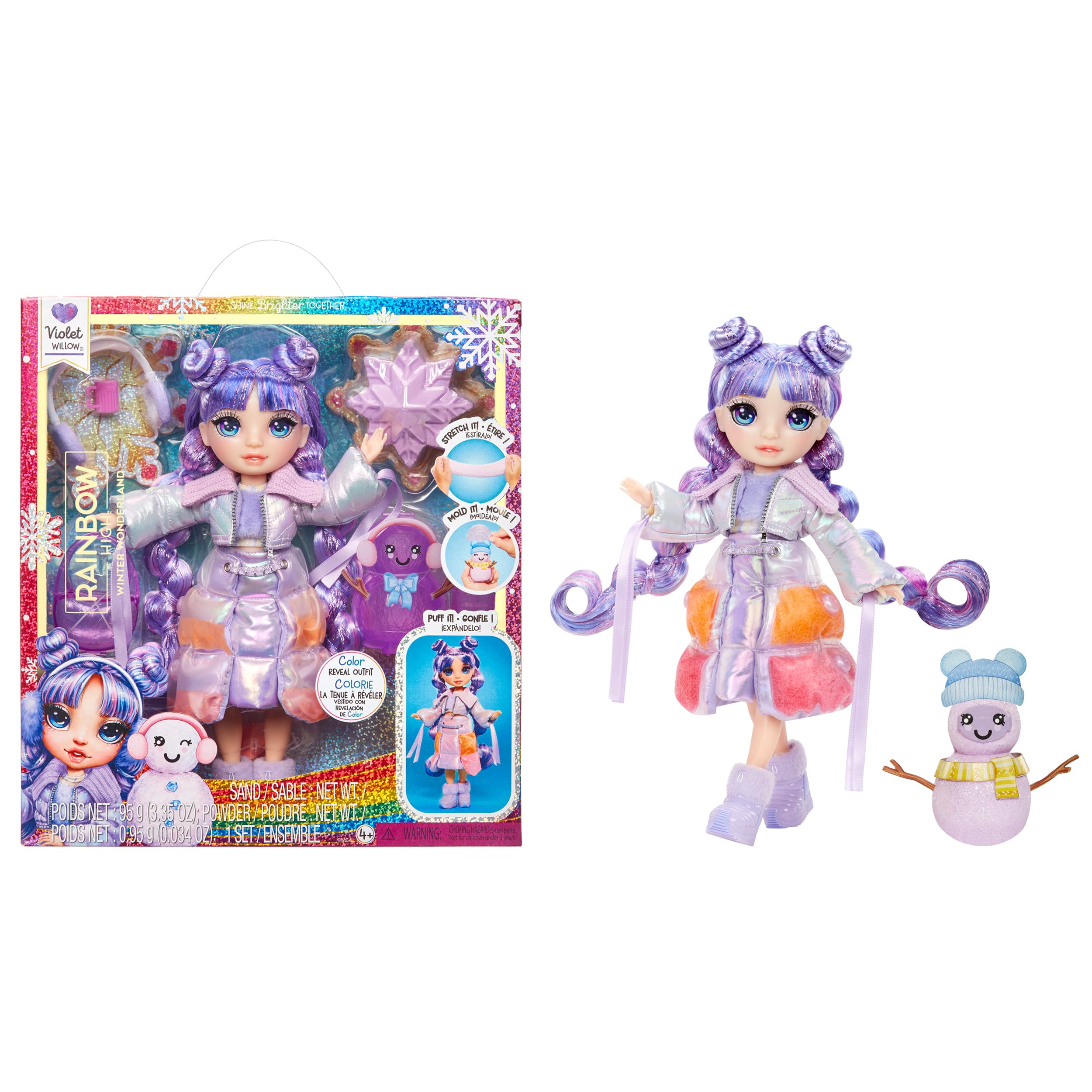 Rainbow High Violet doll with winter outfit and puffing snow for creative play.