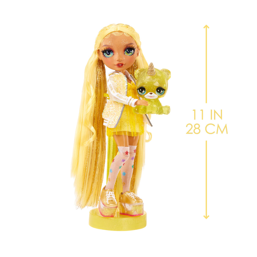 Rainbow High Sunny's yellow outfit shimmers with sparkles and braided pigtails.