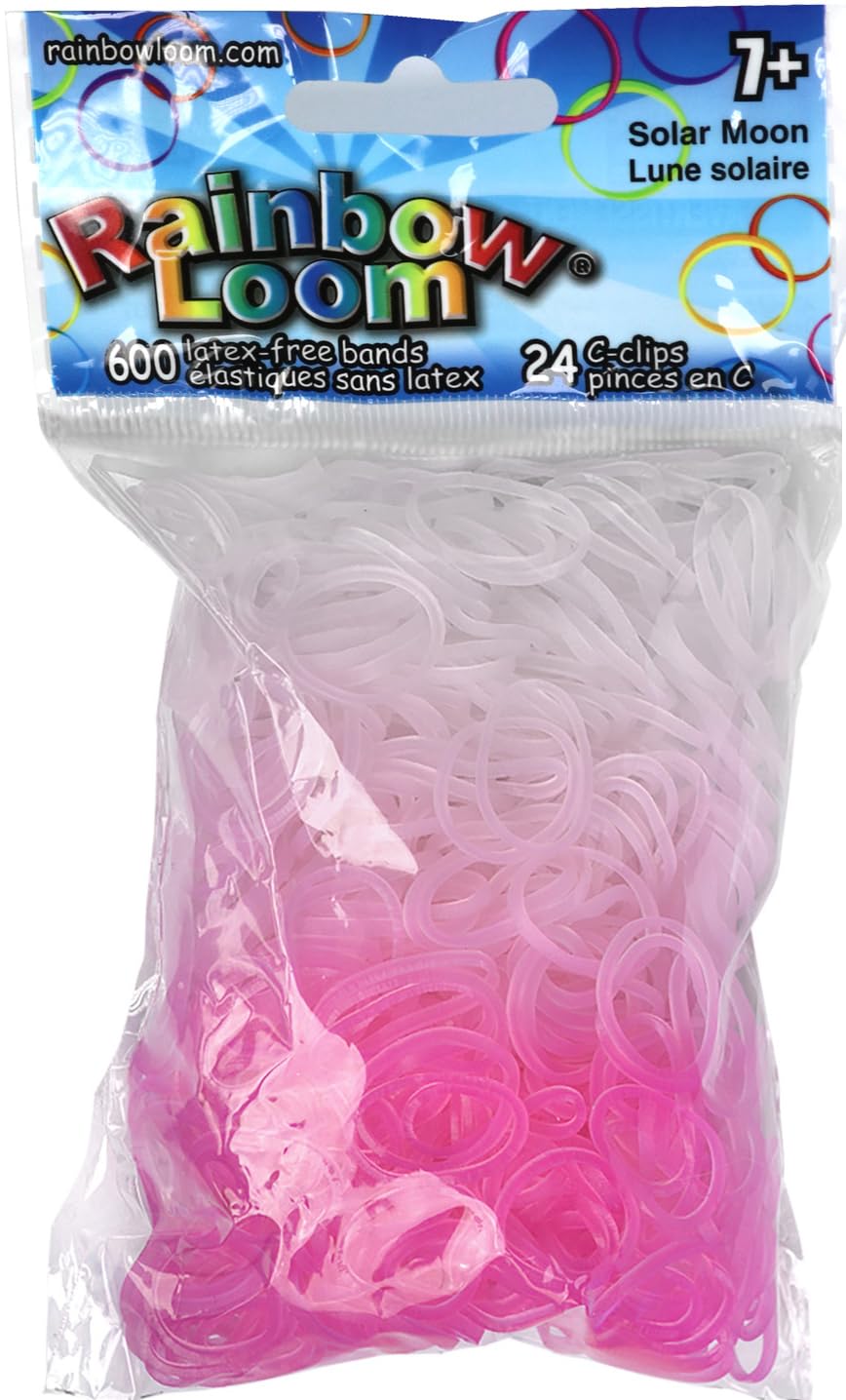 Rainbow Loom Solar Moon UV bands stay clear indoors, ideal for versatile crafts.