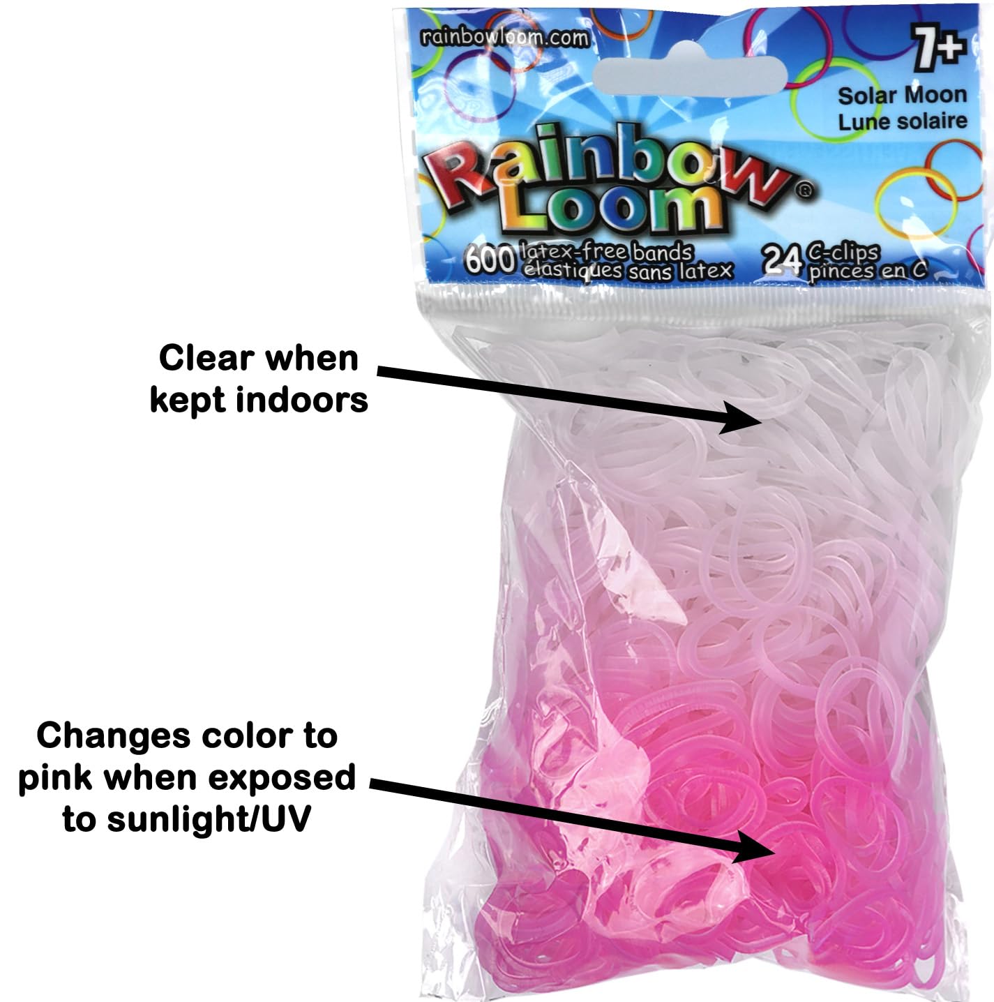 Rainbow Loom Solar Moon UV bands turn pink in sunlight, enabling sun-activated designs.