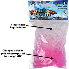 Rainbow Loom Solar Moon UV bands turn pink in sunlight, enabling sun-activated designs.