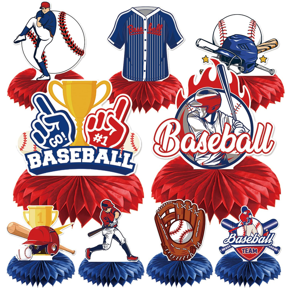 Rakuto baseball honeycomb centerpiece with trophy design for a kid's birthday party.