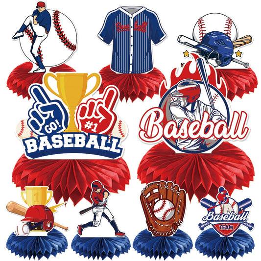 Rakuto baseball honeycomb centerpiece with trophy design for a kid's birthday party.