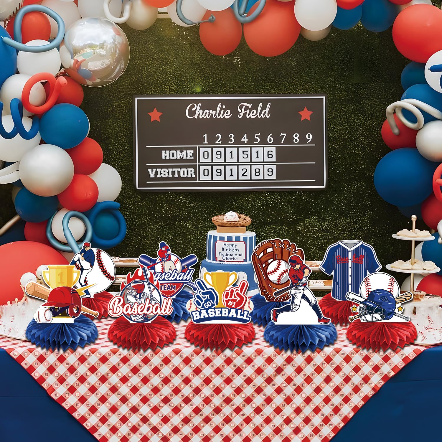 Rakuto baseball honeycomb centerpiece display creates a festive sports vibe.