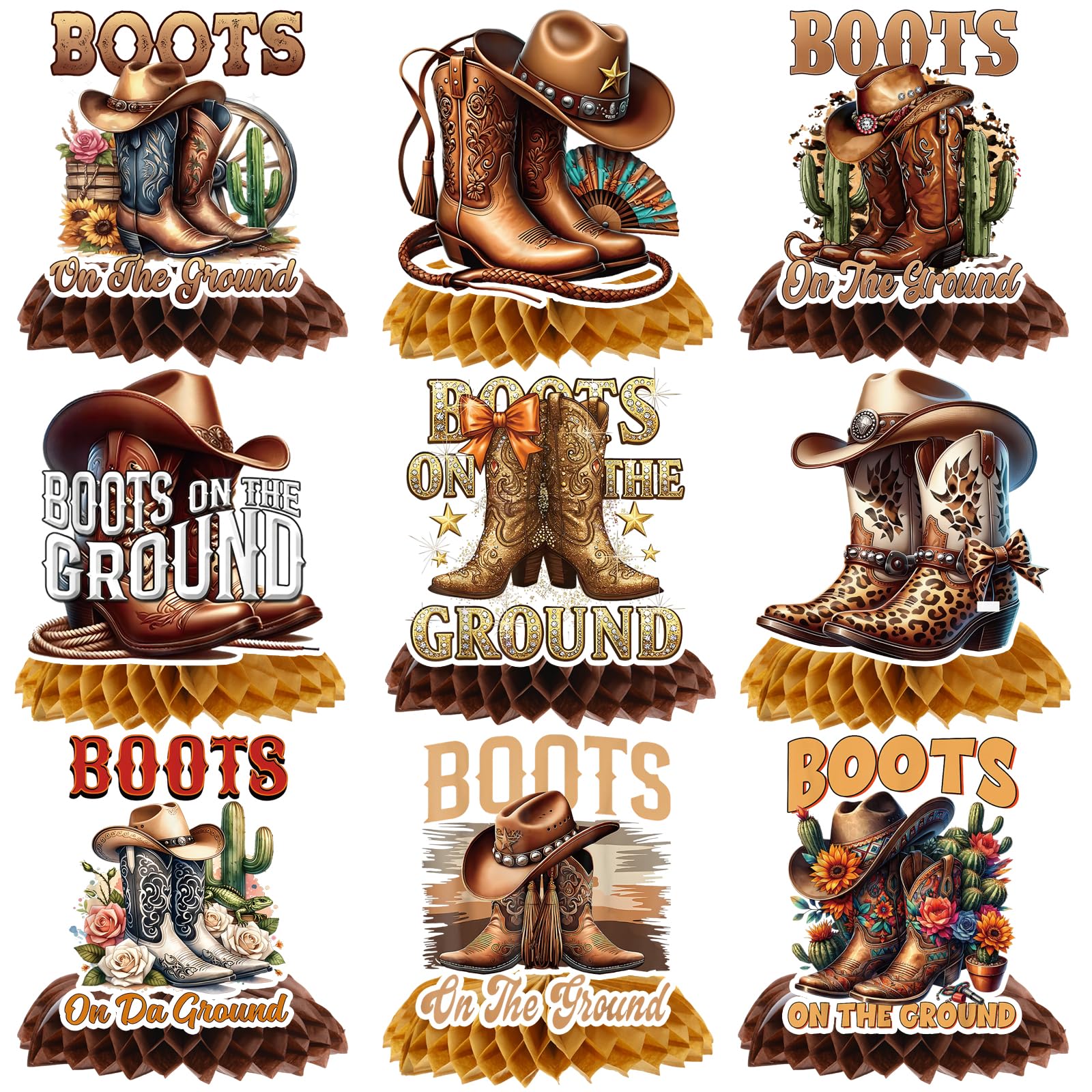 Rakuto boots on the ground brown honeycomb centerpiece creates a rustic western table focal point