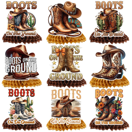 Rakuto boots on the ground brown honeycomb centerpiece creates a rustic western table focal point