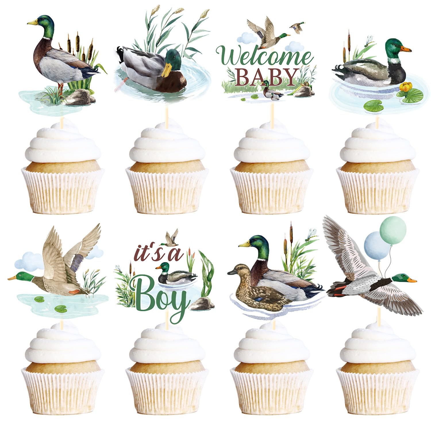Rakuto Mallard Duck cupcake toppers set for baby shower desserts