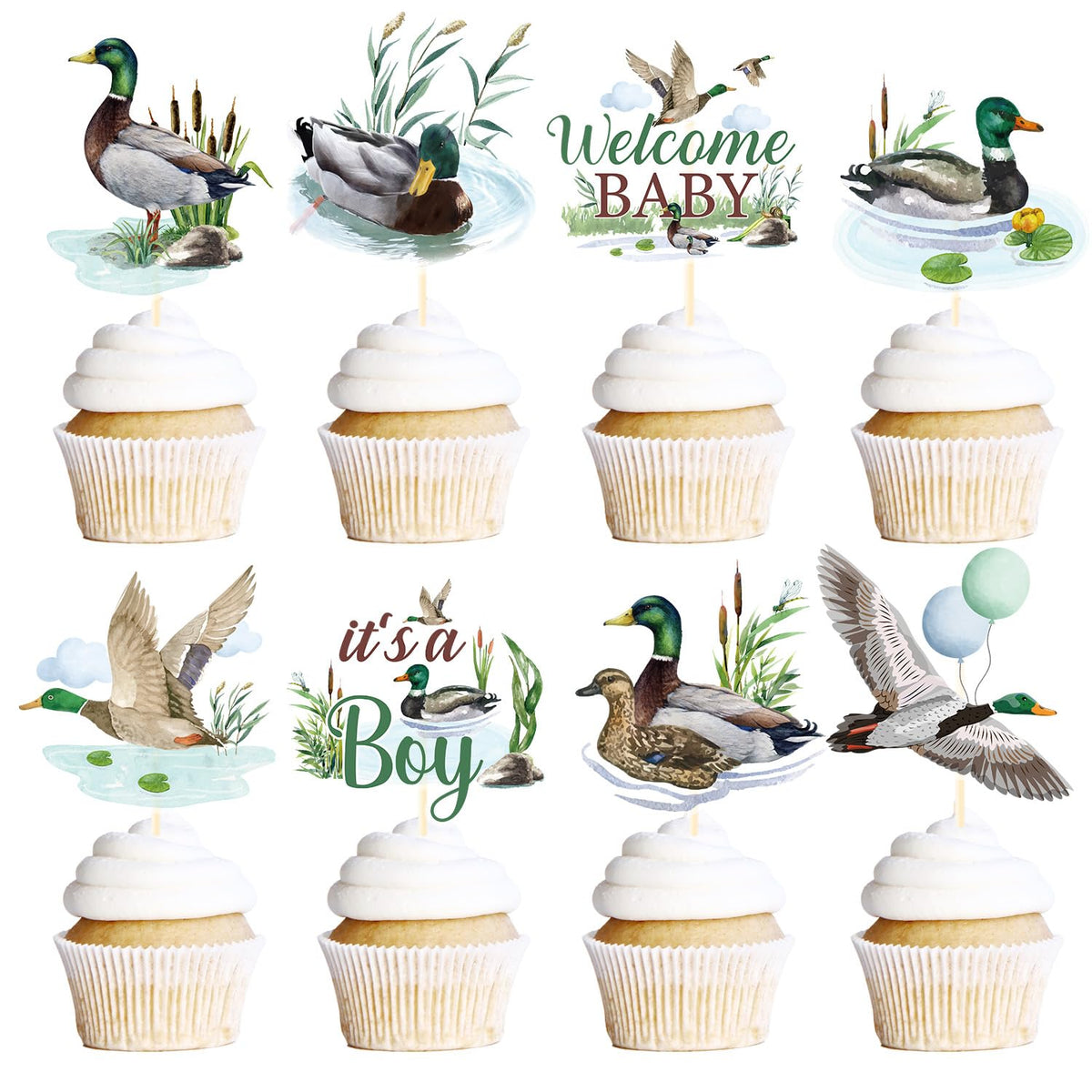 Rakuto Mallard Duck cupcake toppers set for baby shower desserts