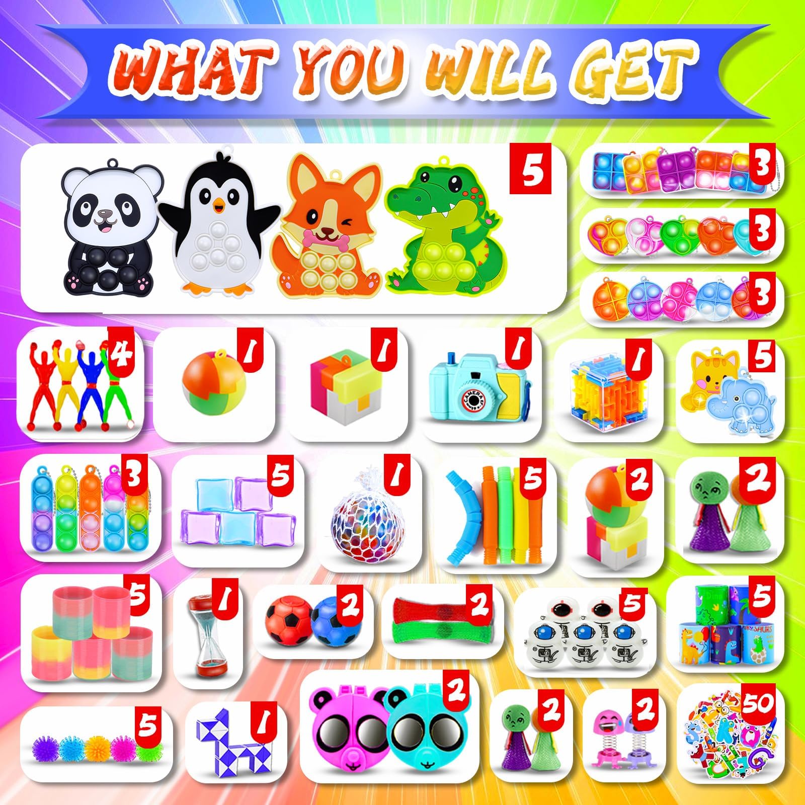 RALLYPANDA variety fidget toys selection for celebrations and classroom activities.