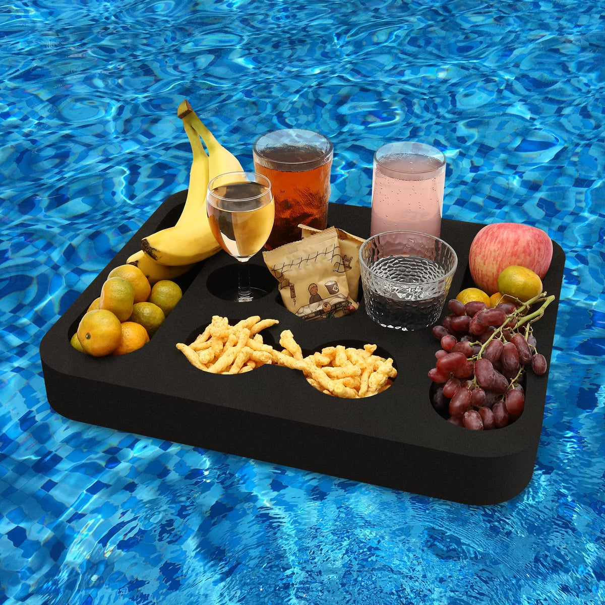 RAMIEYOO floating drink holder on pool surface keeps drinks and snacks secure.