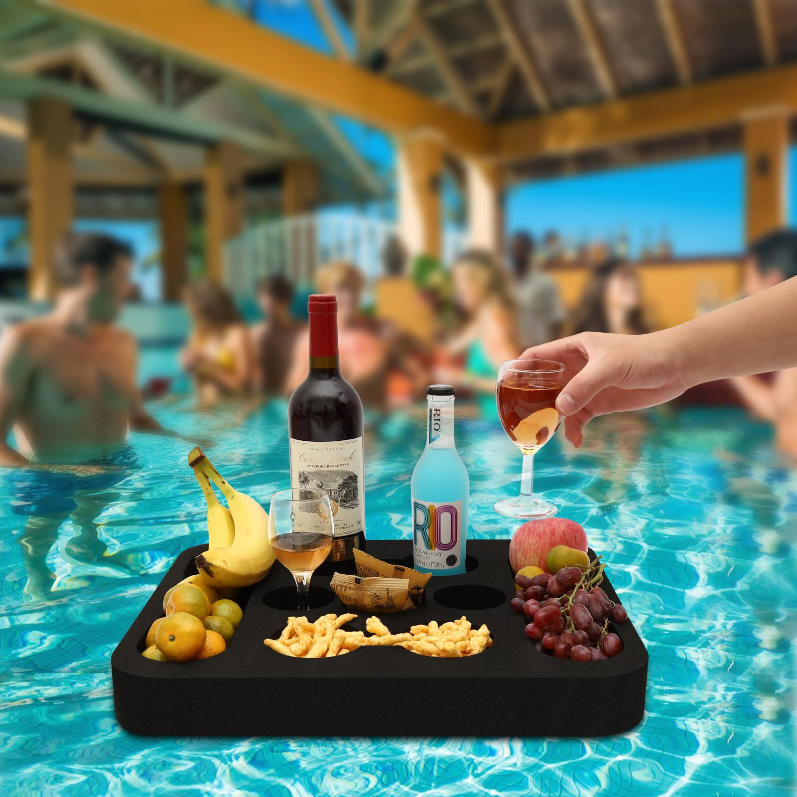 RAMIEYOO foam tray built-in can and bottle holders for easy serving.