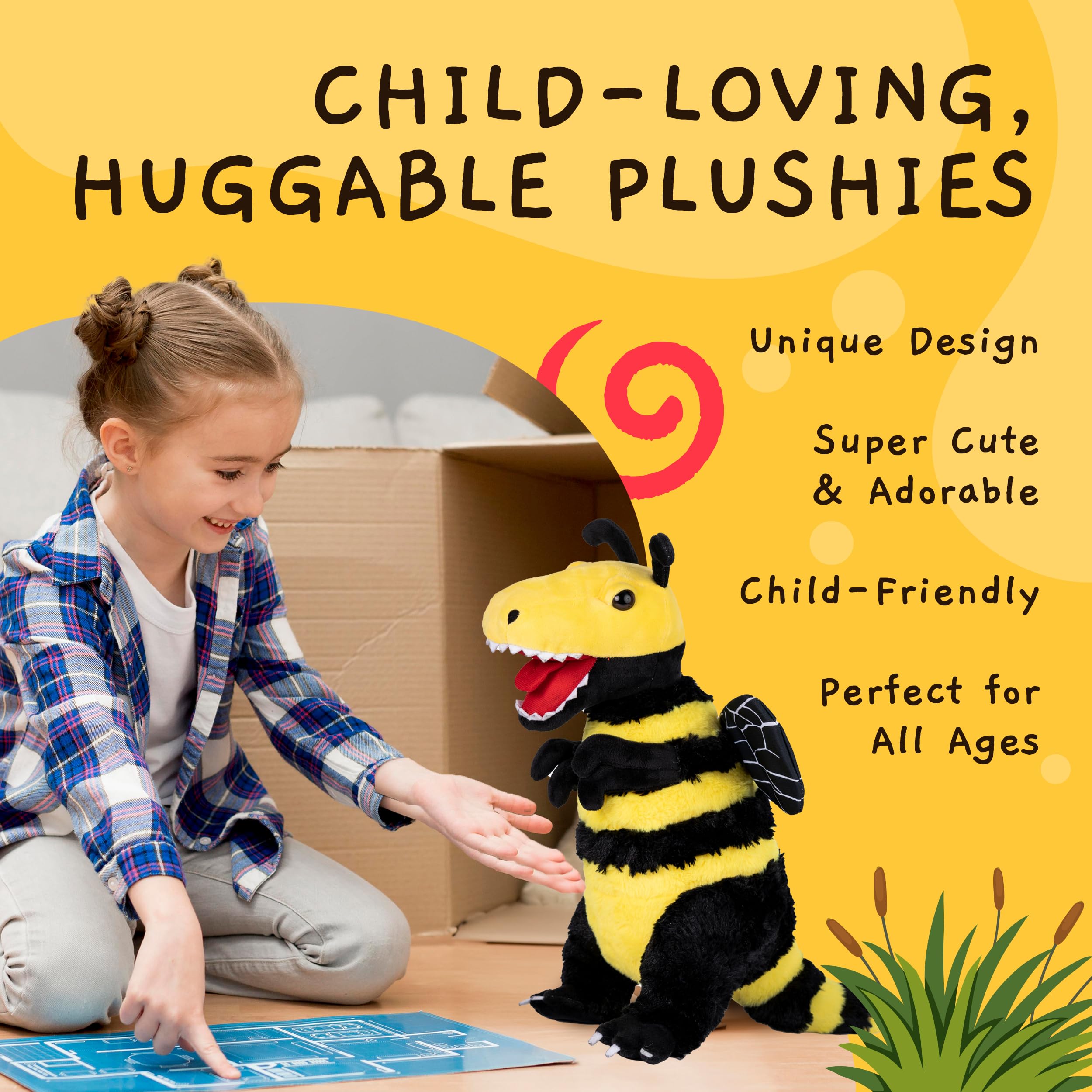 Randimals Bee-Tyrannosaurus plush in a hugging pose for comfort