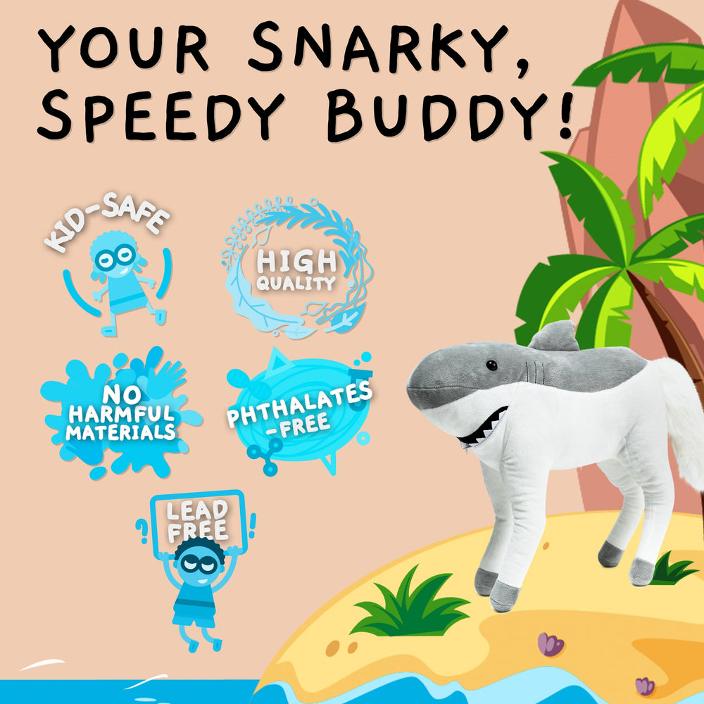 Randimals horse-shark hybrid toy close-up texture reveals eye details and fins for believable character.