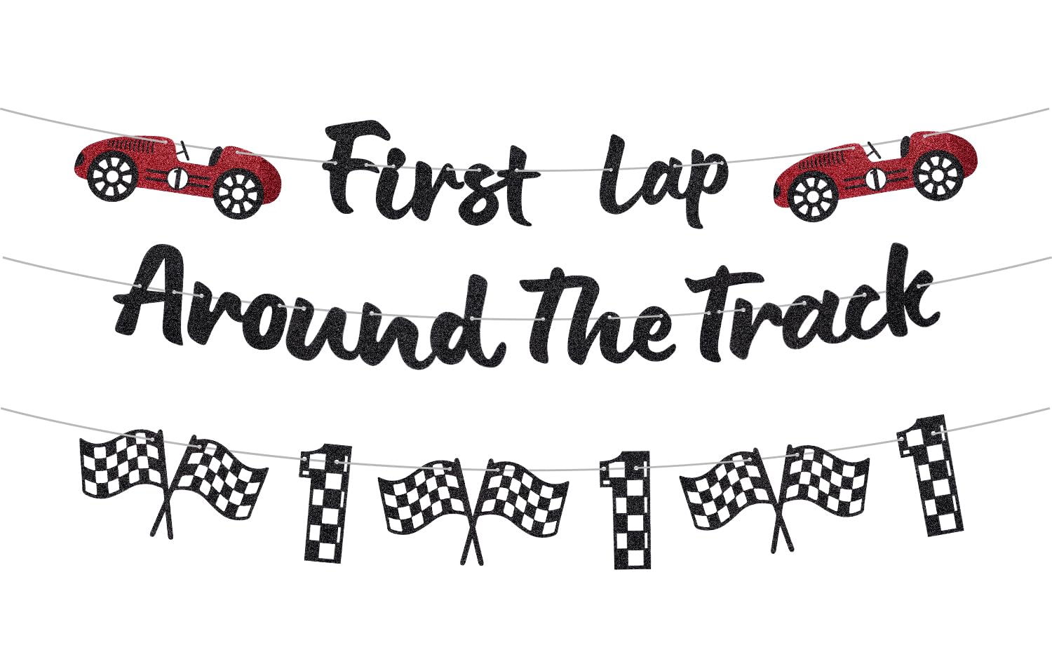 RANERVZ glitter banner for first lap around the track adds festive sparkle to a first birthday backdrop