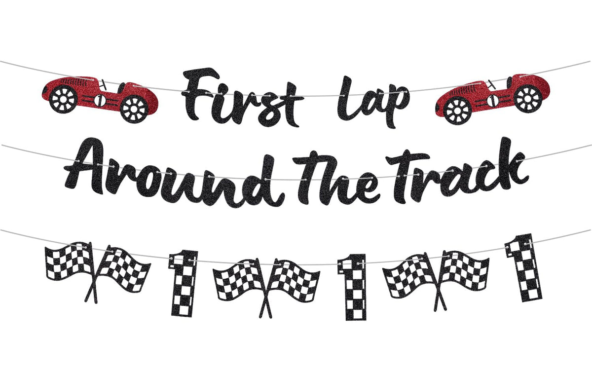 RANERVZ glitter banner for first lap around the track adds festive sparkle to a first birthday backdrop