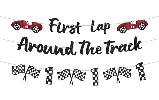 RANERVZ glitter banner for first lap around the track adds festive sparkle to a first birthday backdrop