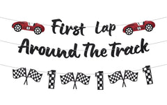 RANERVZ glitter banner for first lap around the track adds festive sparkle to a first birthday backdrop