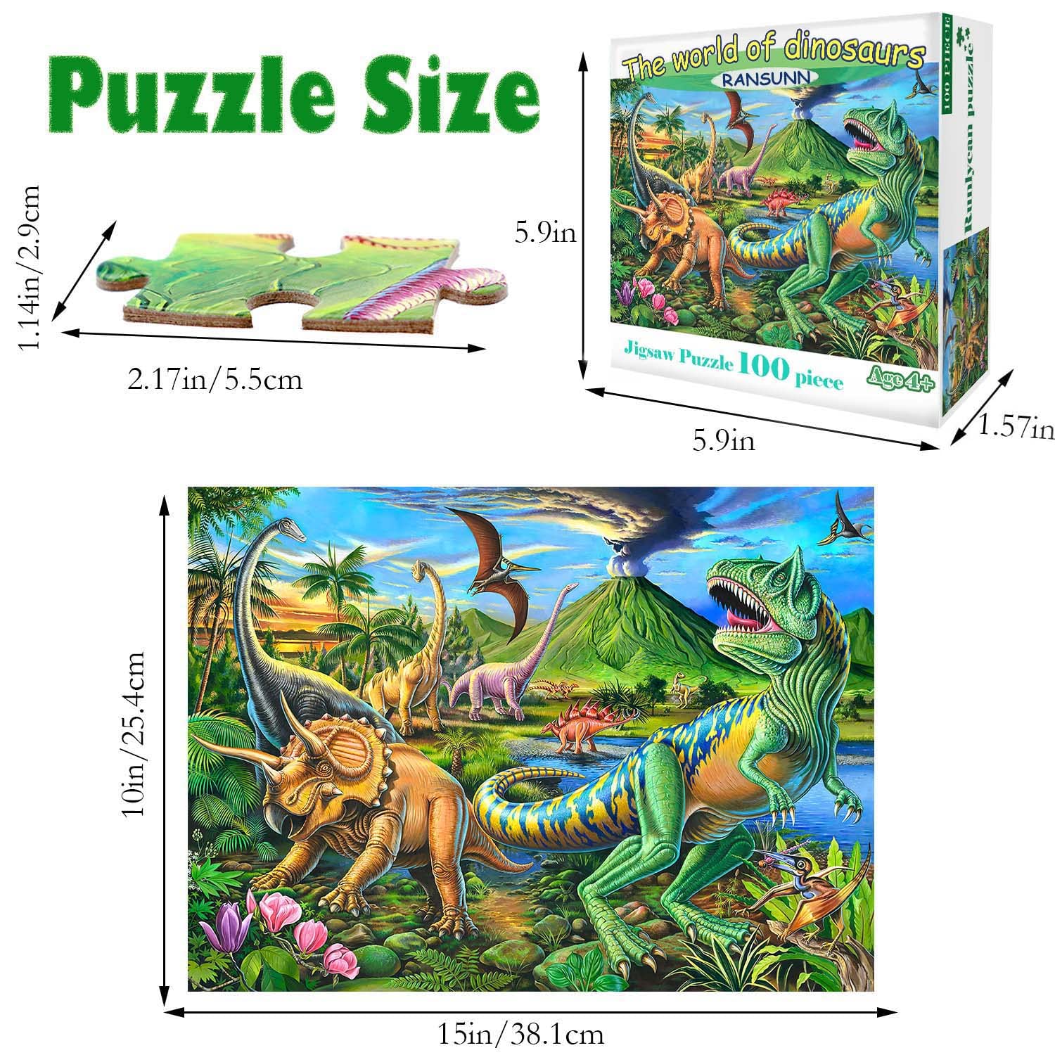 RANSUNN dinosaur puzzle size 15x10 inches when finished.