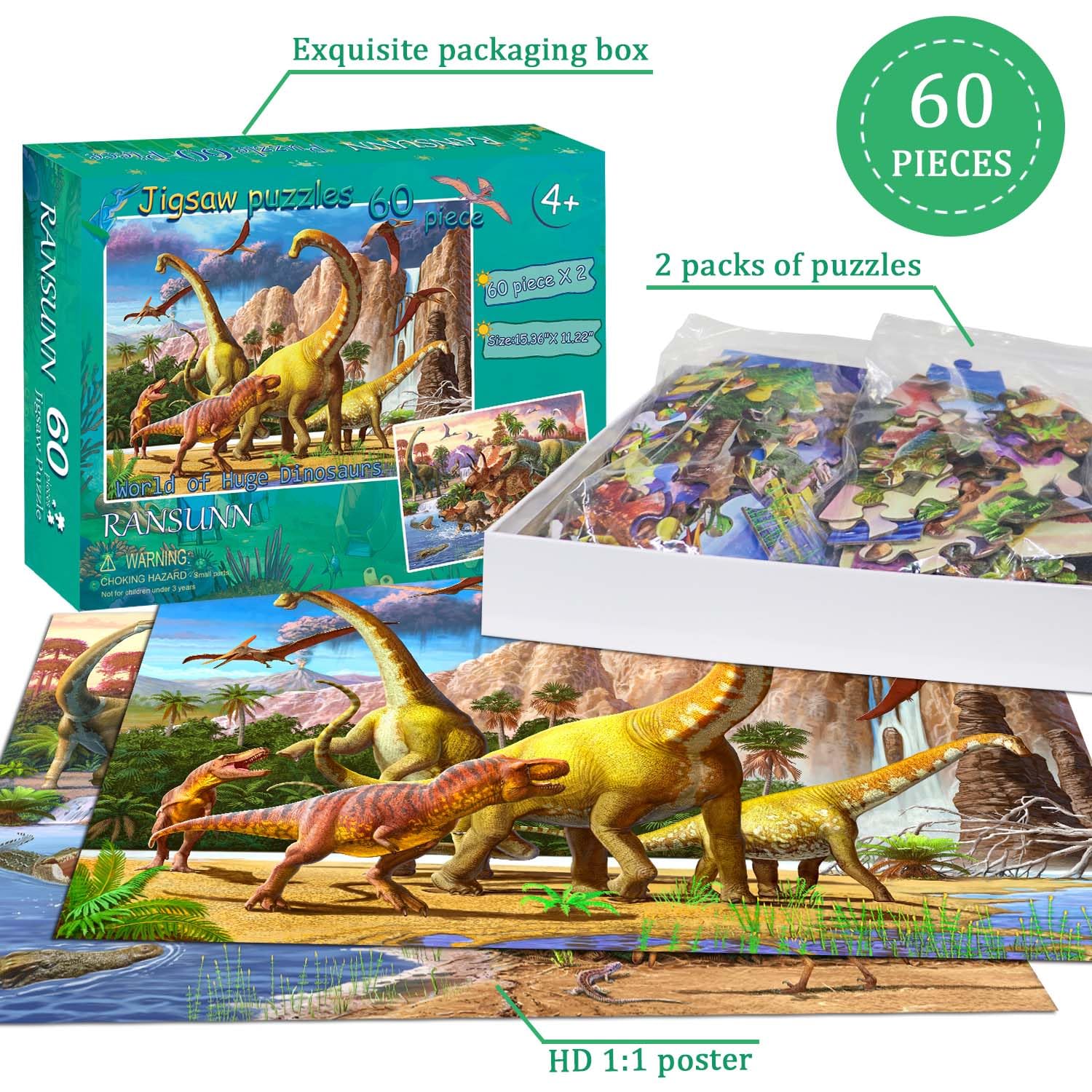 RANSUNN 60-piece puzzle close-up pieces support fine motor development.