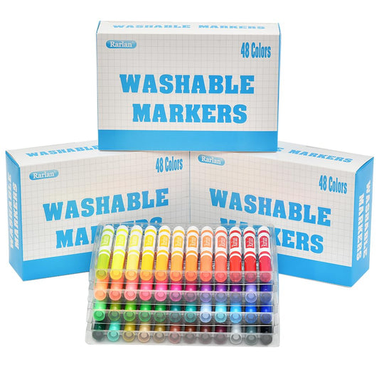 Rarlan Washable Markers packaging display shows 48 colors for classroom bulk stocking.