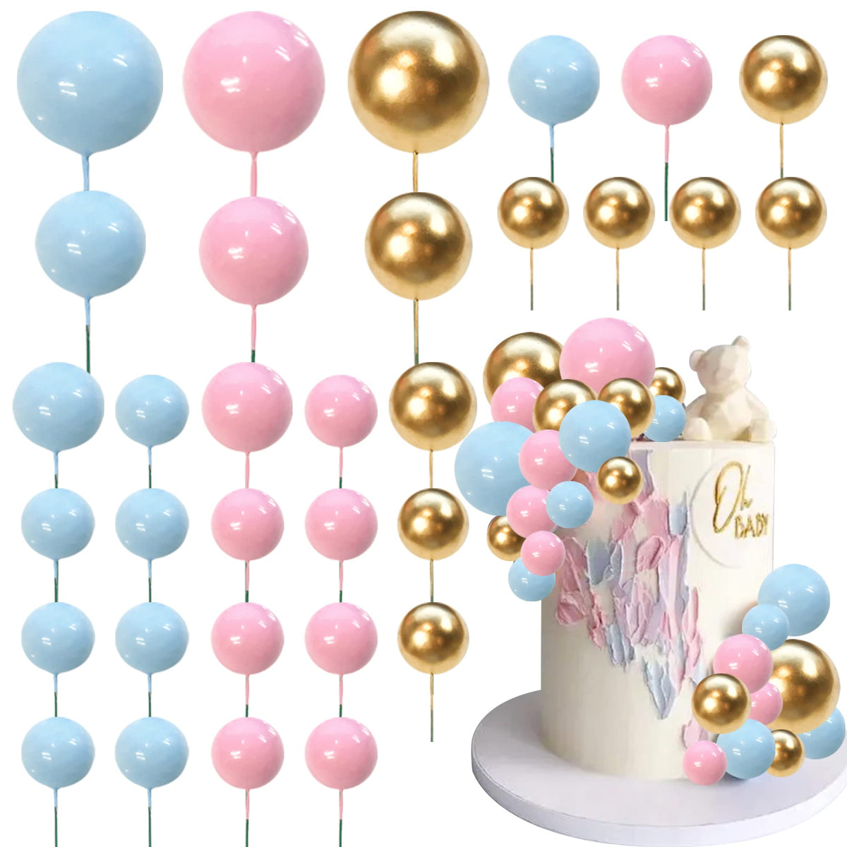 RASSLISA ball cake topper close-up with gold, pink, and blue spheres for festive desserts