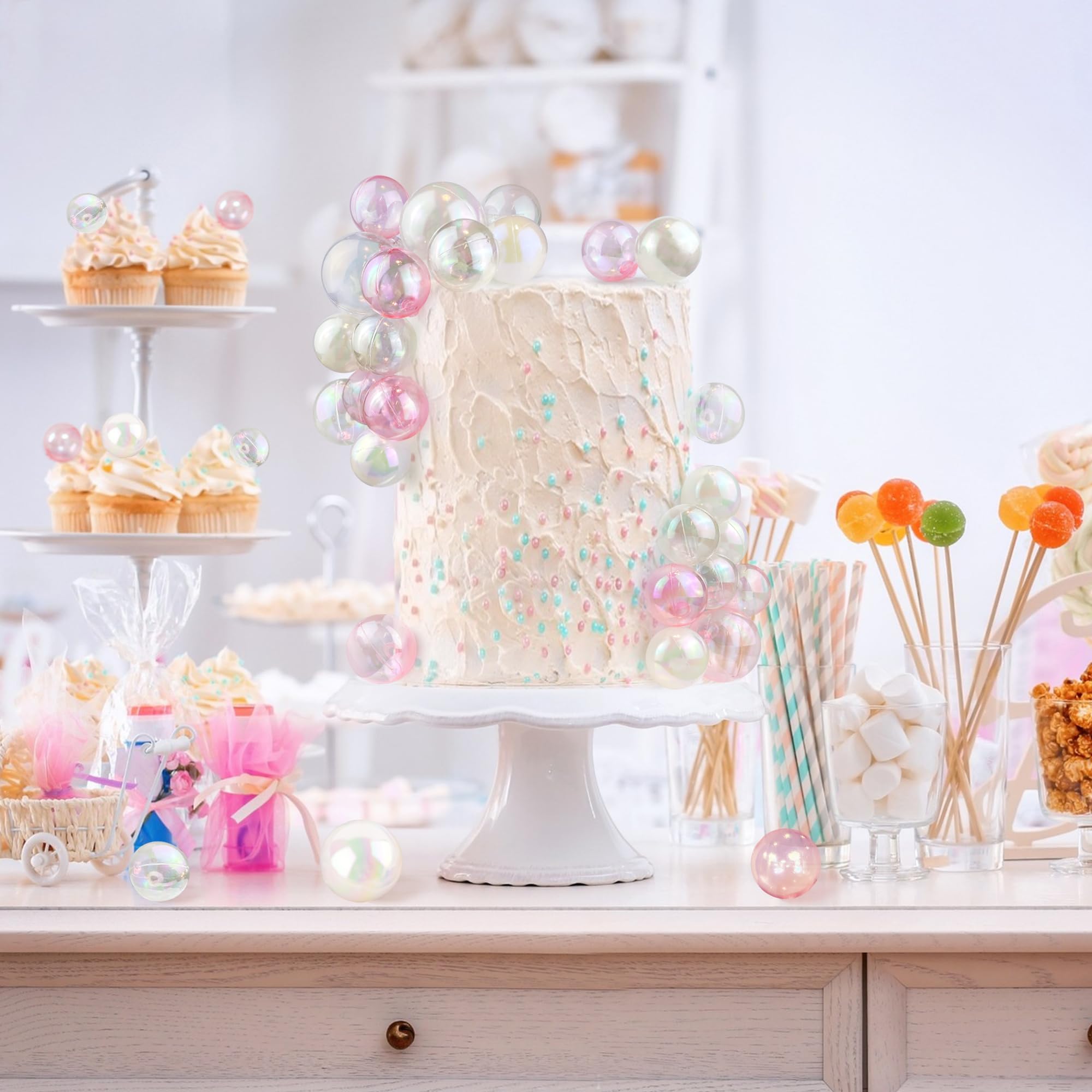 RASSLISA white 4cm bubble ball cake topper for layered presentation