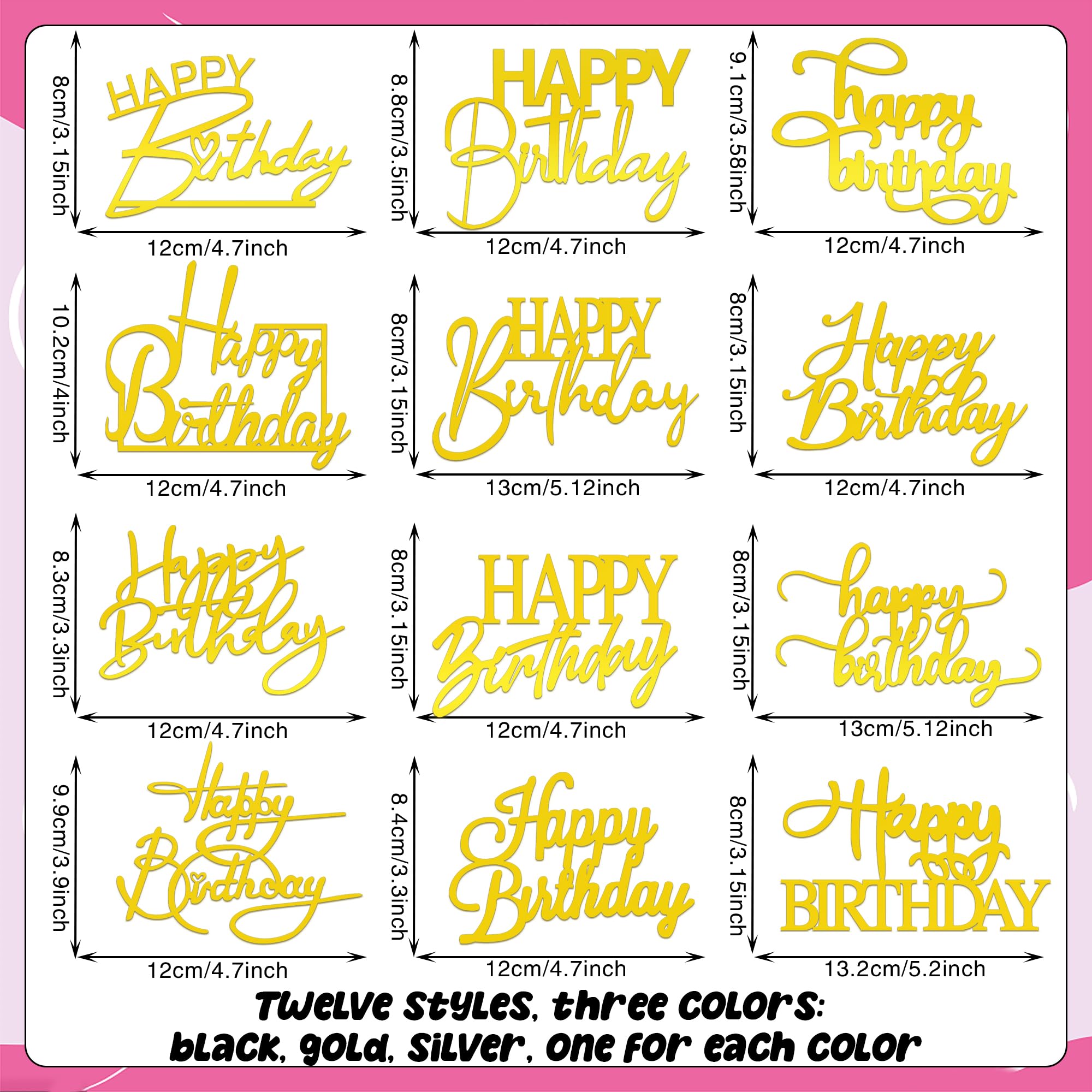 RASSLISA cake toppers display 12 styles in 3 colors for versatile party styling.