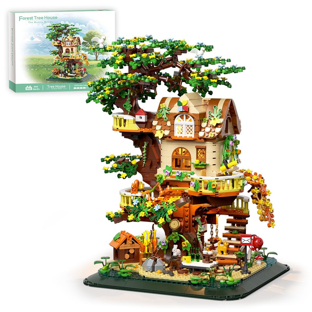 RAVAYO Forest Tree Building Blocks Set with LED on shelf creates warm, inviting decor