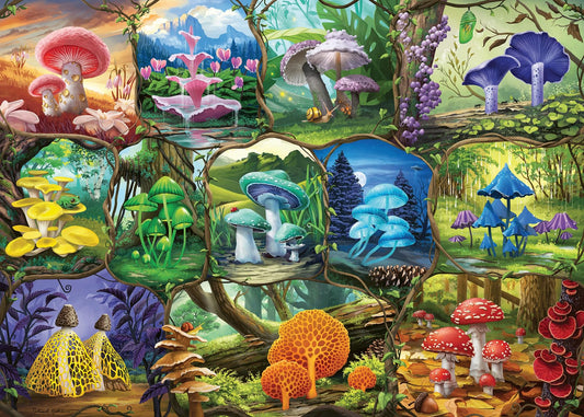 Ravensburger Beautiful Mushrooms puzzle cover, vibrant collage for immersive puzzling.