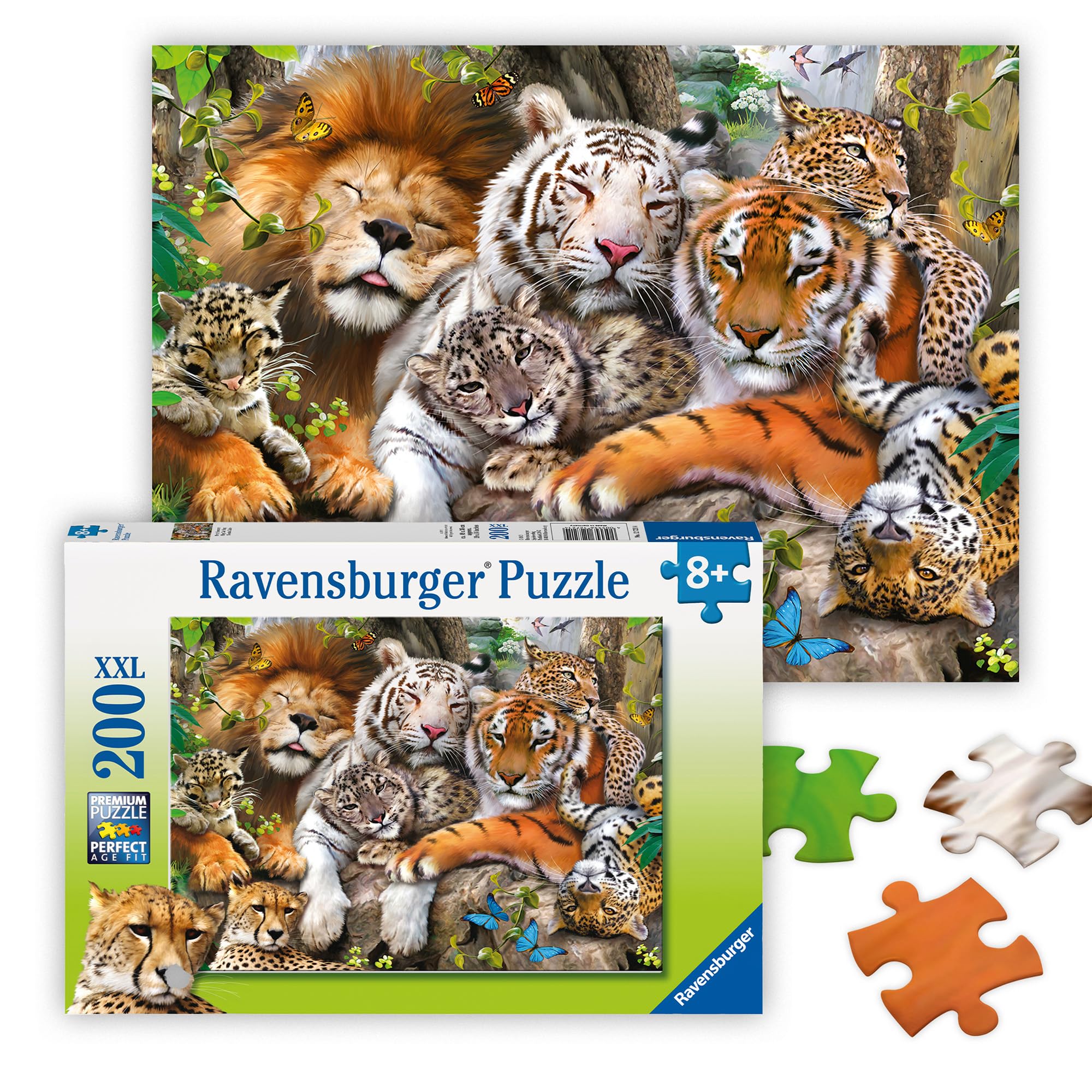 Ravensburger Big Cat Nap puzzle cover featuring lions and tigers for screen-free family fun.