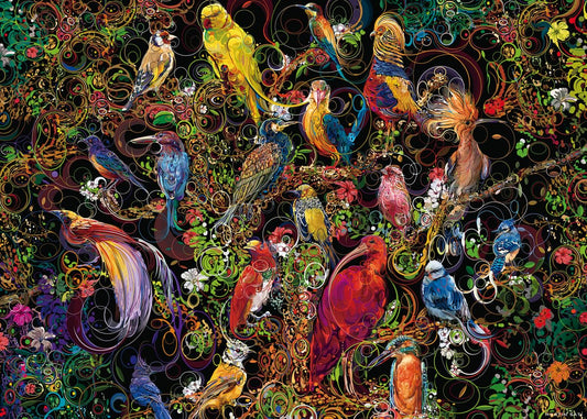 Ravensburger Birds of Art puzzle cover art with vibrant birds for dynamic display