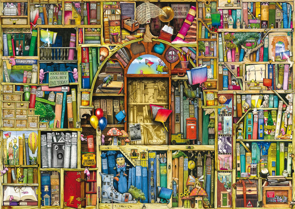 Ravensburger The Bizarre Bookshop 2 puzzle cover image, vibrant art for immersive puzzling sessions.