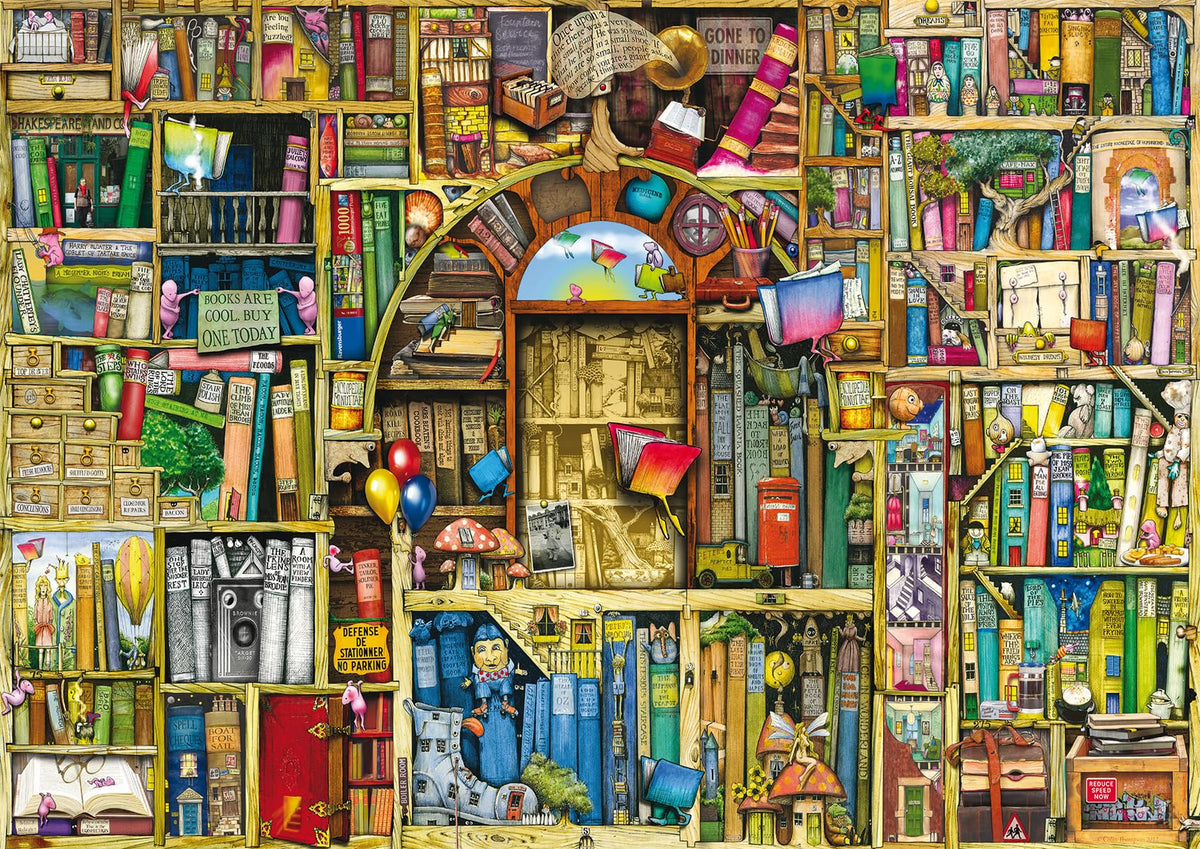 Ravensburger The Bizarre Bookshop 2 puzzle cover image, vibrant art for immersive puzzling sessions.